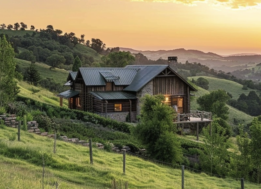 Farm in a green valley during sunset.