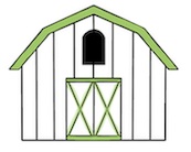 White logo image of barn with green roof