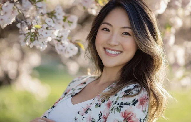 A smiling woman in front of a floral tree. 